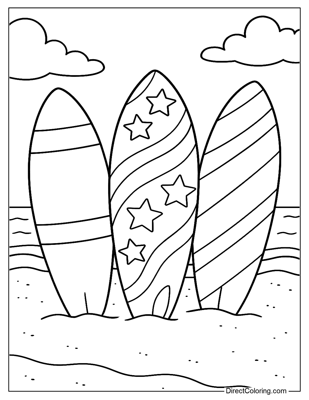 coloring page Colorful surfboards lined up in the sand